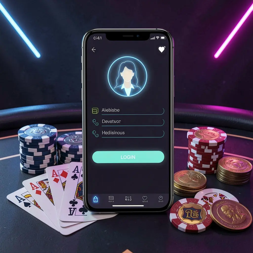PE444 casino app login scene on a smartphone with glowing user profile icon, surrounded by chips, cards, and coins against an elegant dark background with neon highlights PE444 casino app login scene on a smartphone with glowing user profile icon, surrounded by chips, cards, and coins against an elegant dark background with neon highlights