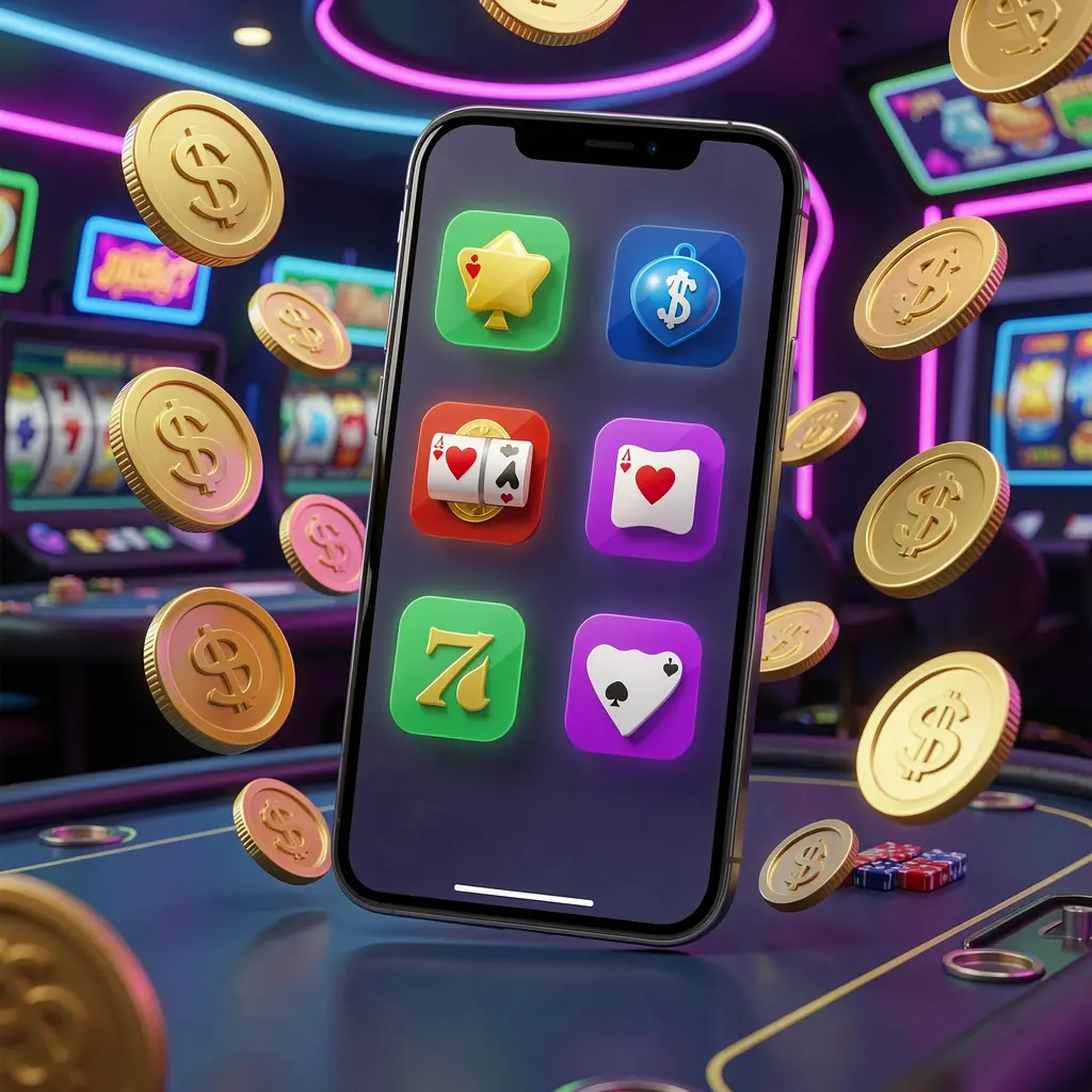 Realistic 3D render of a modern phone displaying the PE444 Android casino app with app icons, surrounded by golden coins and slot symbols floating in a neon casino atmosphere Realistic 3D render of a modern phone displaying the PE444 Android casino app with app icons, surrounded by golden coins and slot symbols floating in a neon casino atmosphere