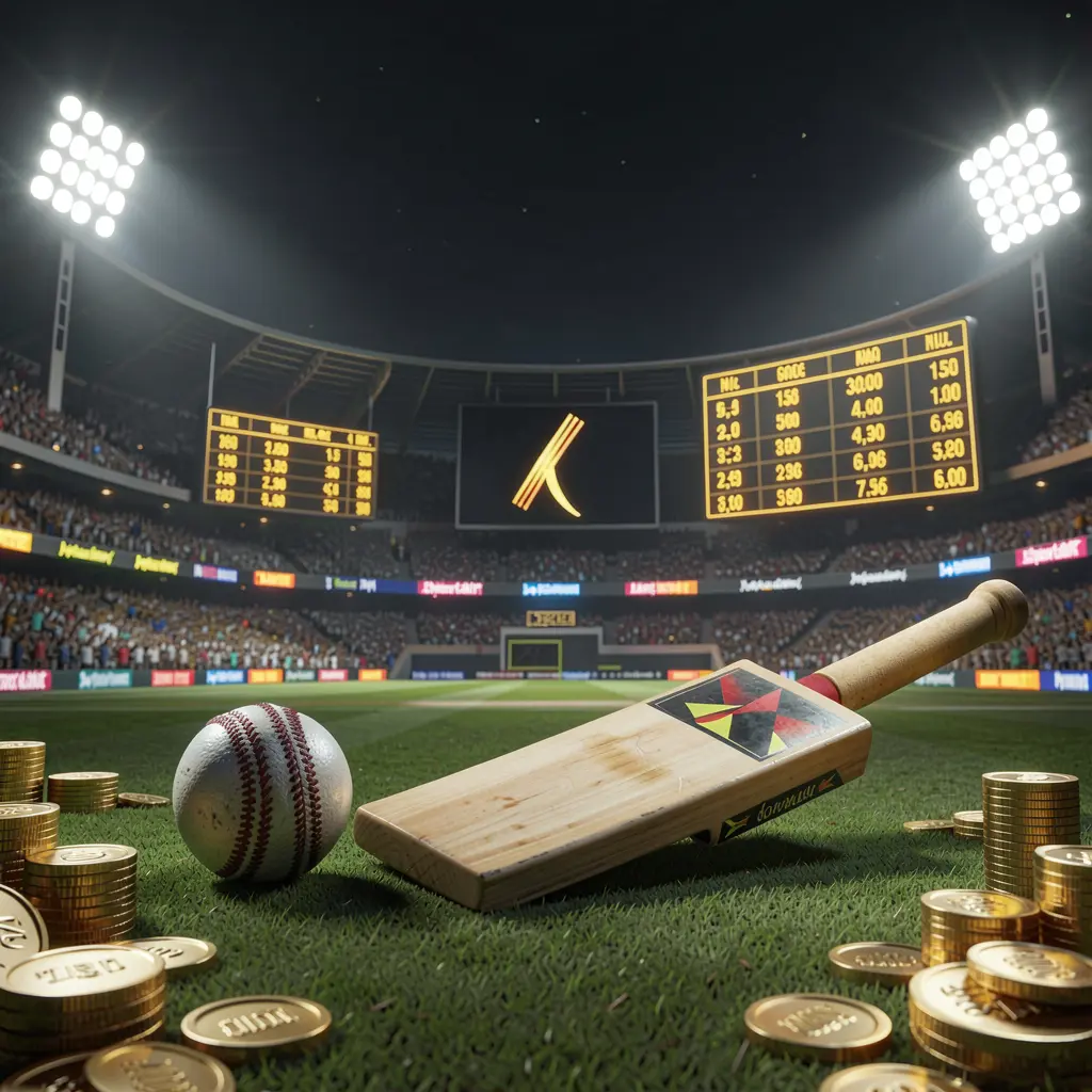 PE444 cricket betting page hero banner showing a cricket stadium at night with bright floodlights, a cricket bat and ball on a green pitch, glowing odds panels, golden coins, and a premium dark cinematic 3D atmosphere