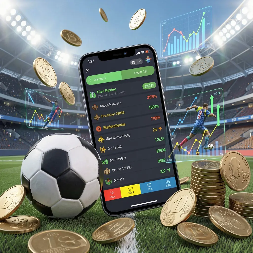 PE444 football prediction betting scene showing a smartphone with match statistics interface, a soccer ball, coins, and glowing data charts floating around in a modern stadium background