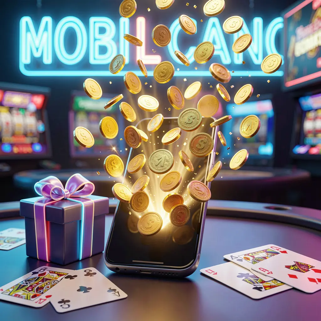 PE444 mobile casino bonus banner featuring a smartphone with coins bursting from the screen, a gift box and playing cards nearby, all illuminated by a bright neon glow in a premium realistic 3D render