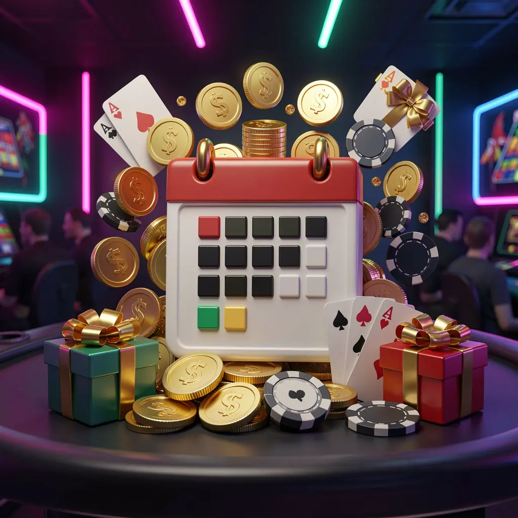 PE444 weekly online casino bonus concept featuring a calendar icon surrounded by golden coins, gift boxes, poker chips, and playing cards in a festive casino atmosphere with neon lights on a dark modern background