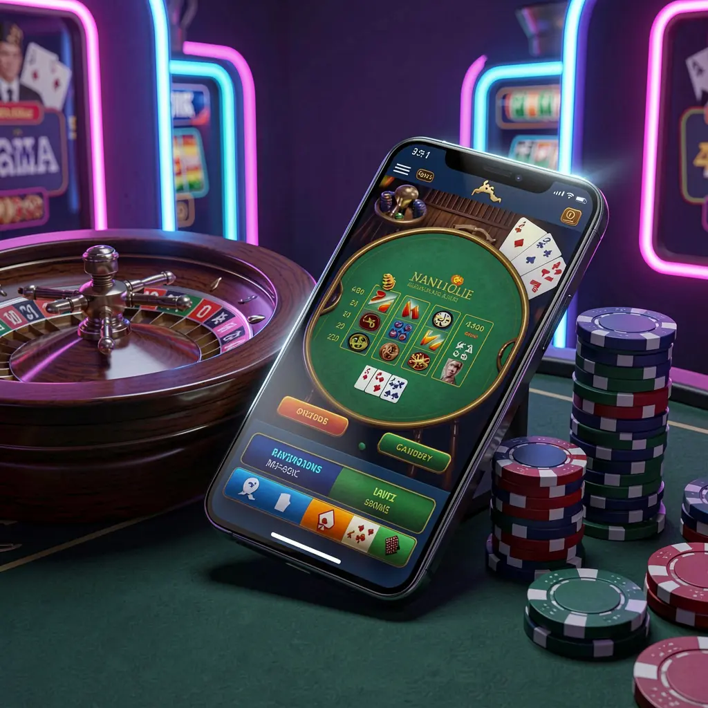 PE444 online casino platform concept with smartphone displaying glowing casino interface, surrounded by roulette wheel and poker chips on a premium neon background