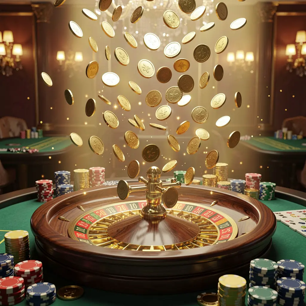 PE444 premium online casino banner with golden coins raining over a roulette wheel and poker chips against a glowing luxury background in a dynamic 3D realistic render