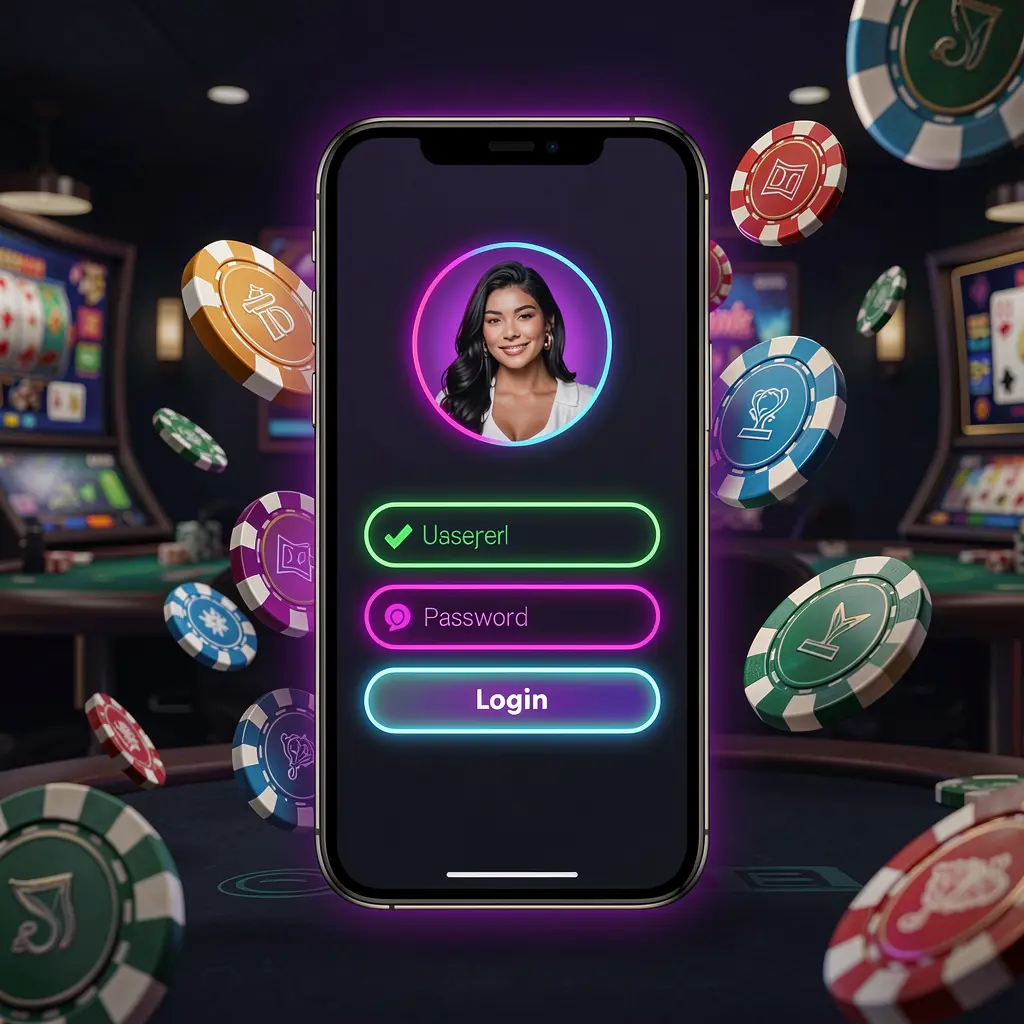 PE444 mobile casino login screen on a phone with abstract UI shapes for user profile and password fields, neon glow effects, chips and coins flying around in a dark premium casino atmosphere
