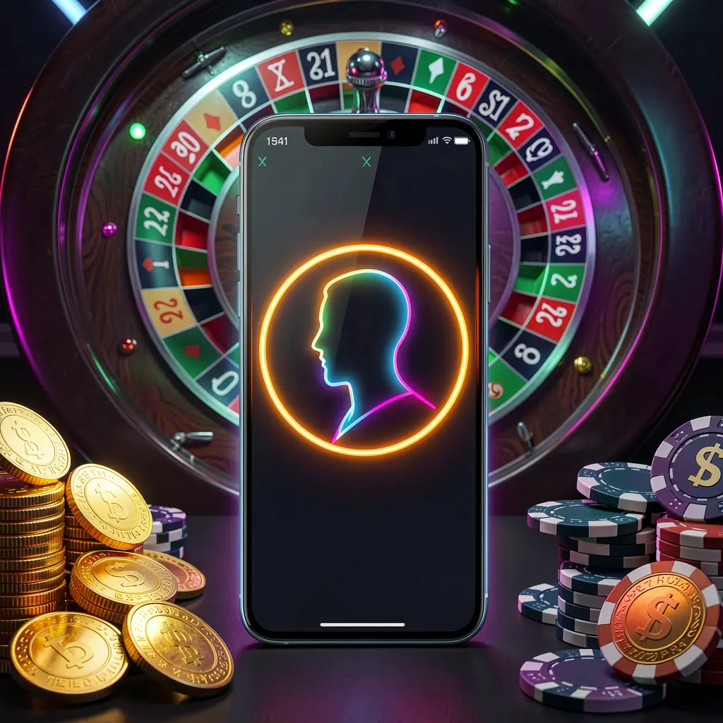PE444 online casino sign in hero image featuring a modern phone with a glowing profile icon, roulette lights in the background, golden coins and poker chips in a premium dark neon atmosphere