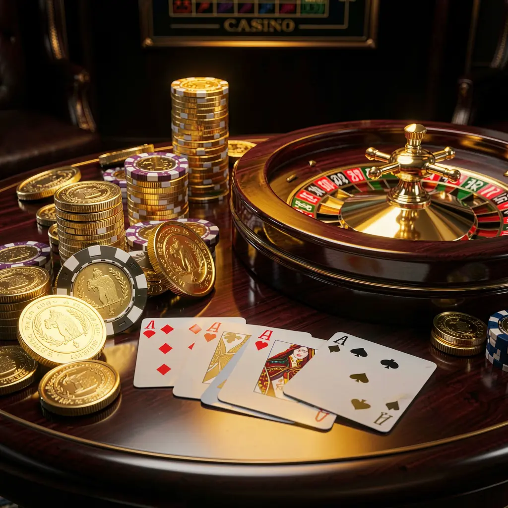 PE444 premium online casino banner featuring golden coins, glowing chips, a roulette wheel, and playing cards on a glossy table with an elegant dark background in a high detail realistic 3D render