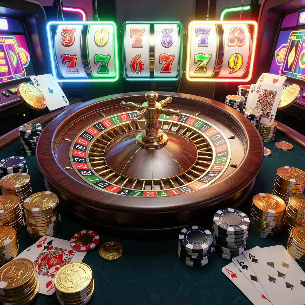 PE444 casino homepage visual featuring a realistic 3D render of a roulette wheel, poker chips, playing cards, golden coins, and vibrant jackpot lights with bright neon glow in a dynamic composition